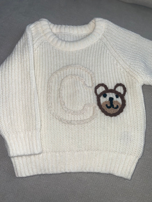 Knitted Jumper - Embroidered Initial With Bear