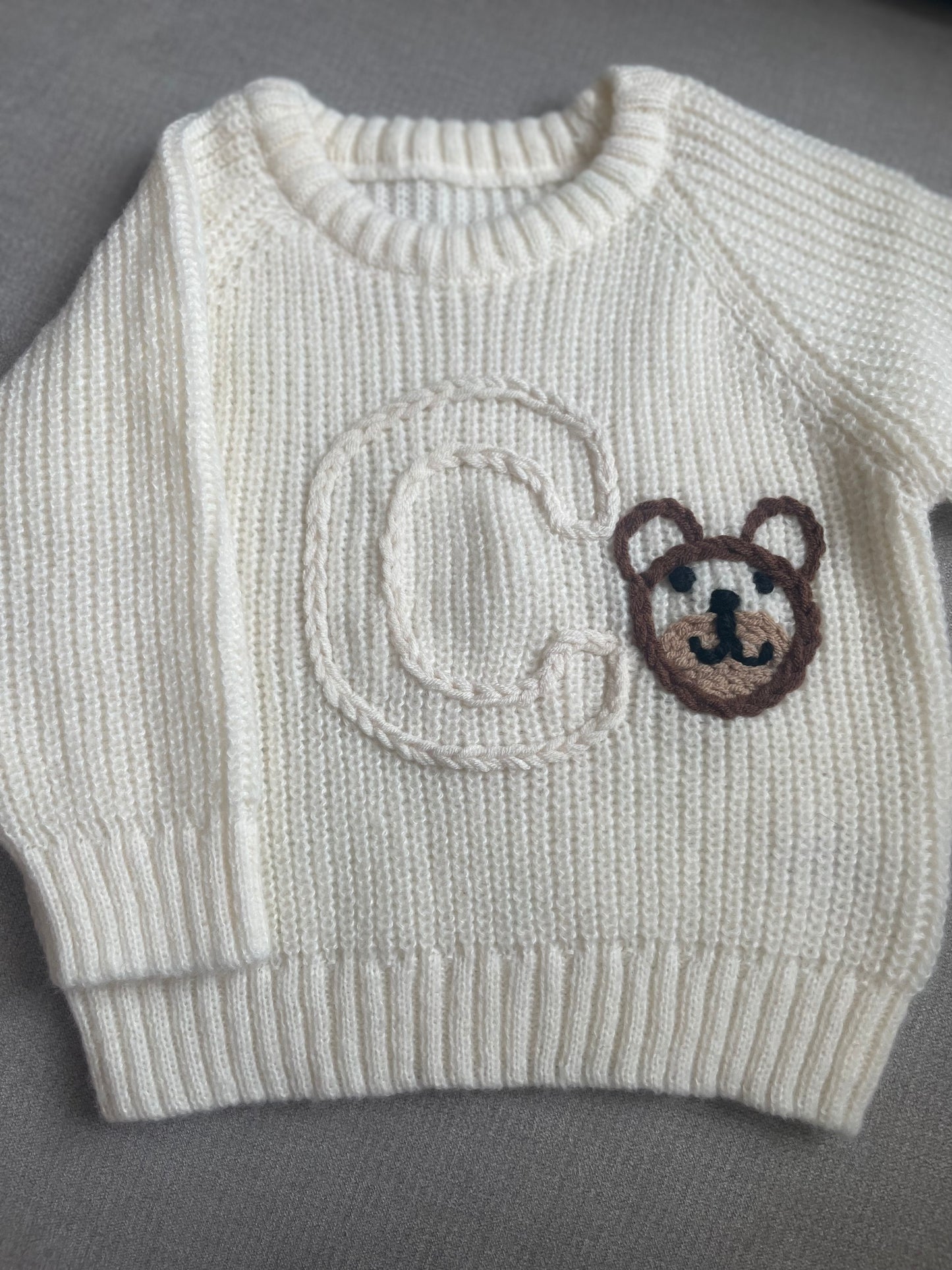 Knitted Jumper - Embroidered Initial With Bear